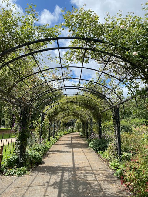 A straight, paved pathway within a landscaped garden, bordered by a low green metal fence on both sides. The path is shaded by an arched canopy formed by leafless tree branches entwined overhead, cast